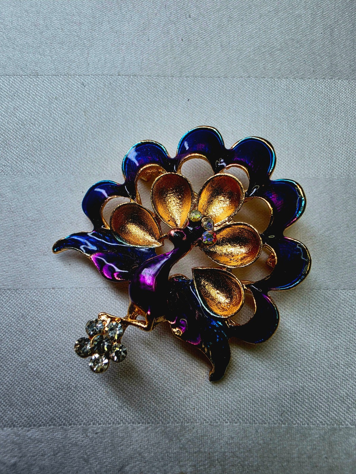Vintage Gold Tone Peacock Brooch Purple Blue Enamel Rhinestone Estate Jewelry