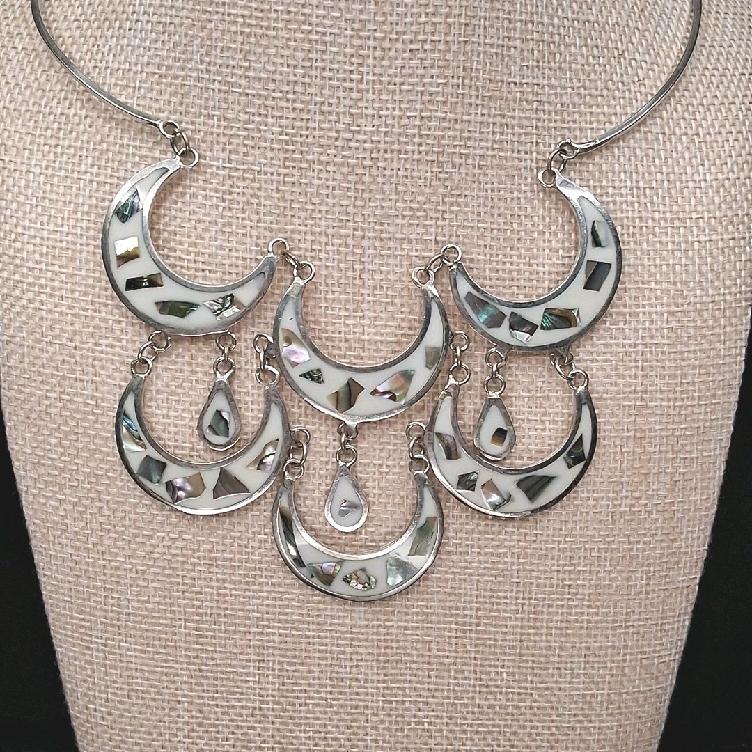 Vintage Alpaca MEXICO Cresent Moon Bib Necklace Abalone And White Enamel. 17.883