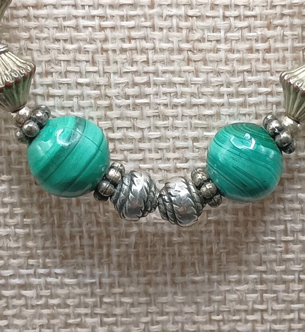 Vintage Green Malachite Beaded Necklace Southwestern Silver Tone Bicone Mexico