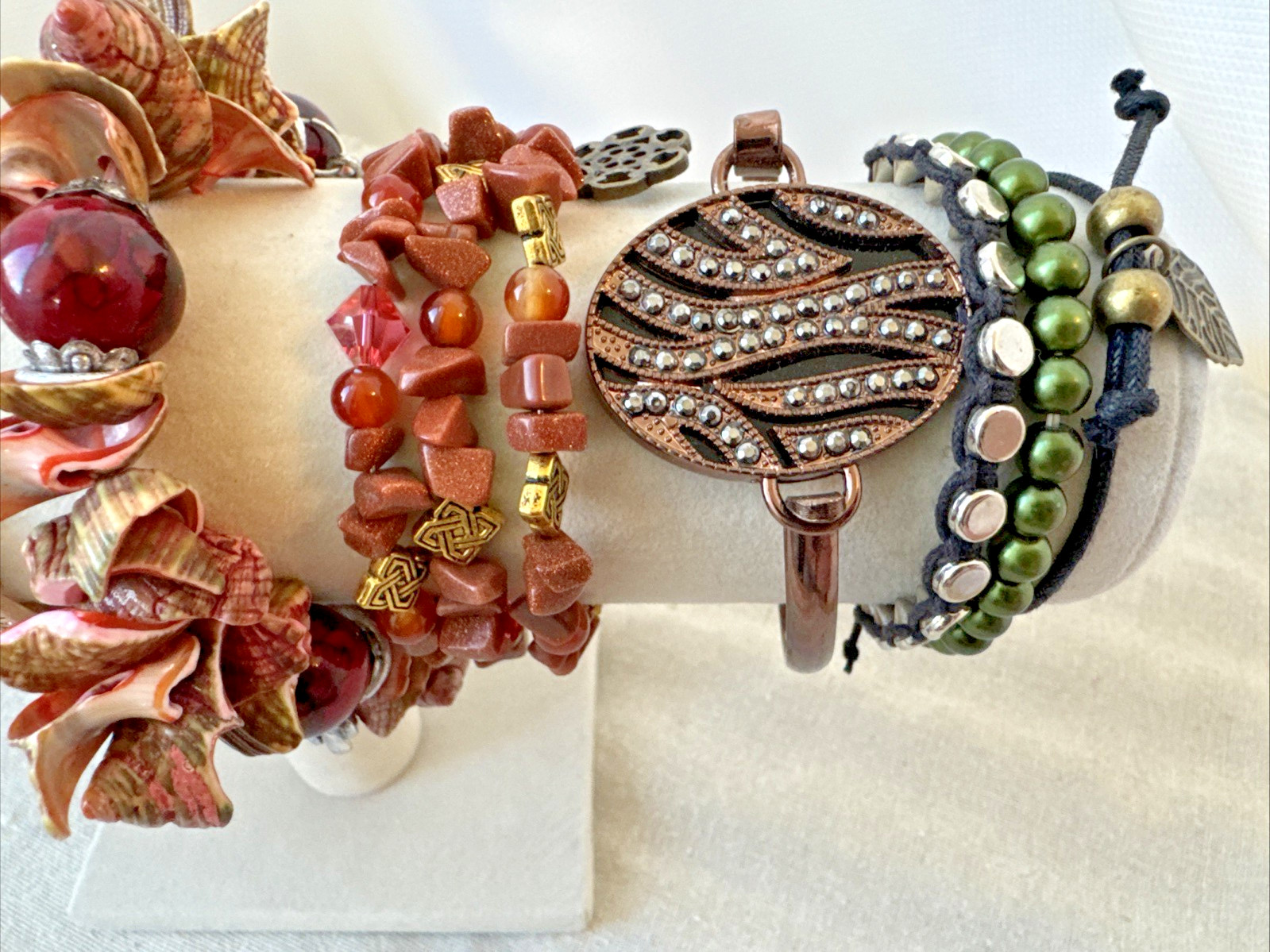 14 Bracelets earthtones glass beads shell textured Goldstone Lot boho 90s hippie