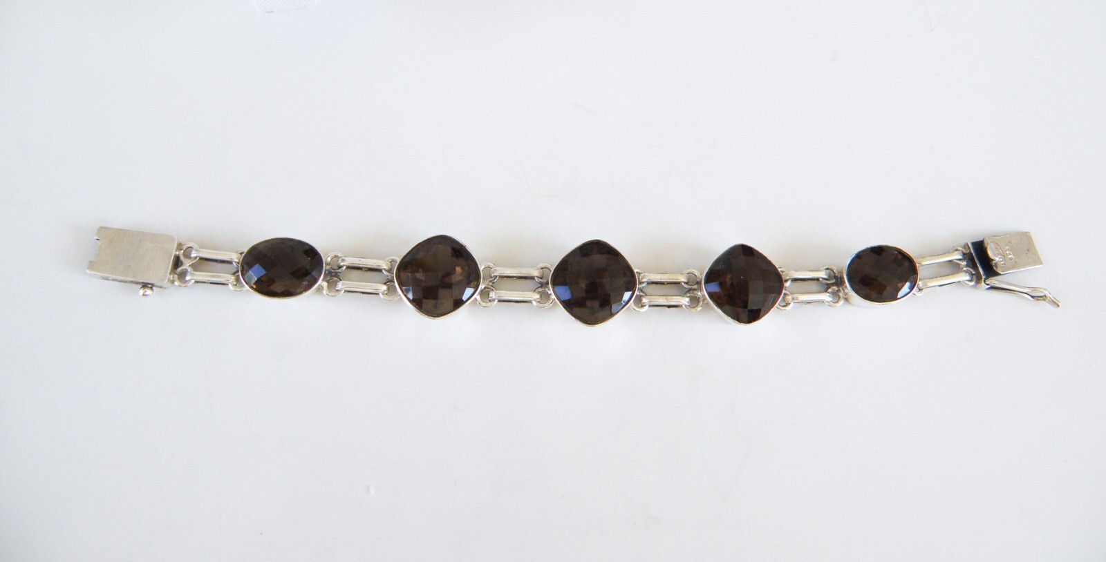 Vintage Sterling Silver 925 Artisan Signed Smoky Topaz Station Link Bracelet 8″