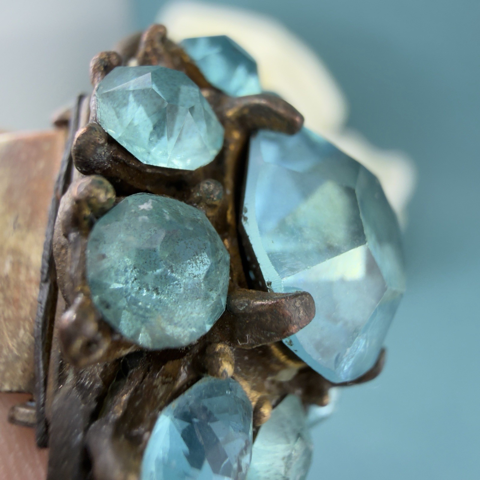 ANTIQUE Edwardian Victorian Filigree Aqua Blue CZECH GLASS Dress Clip Brooch Pin