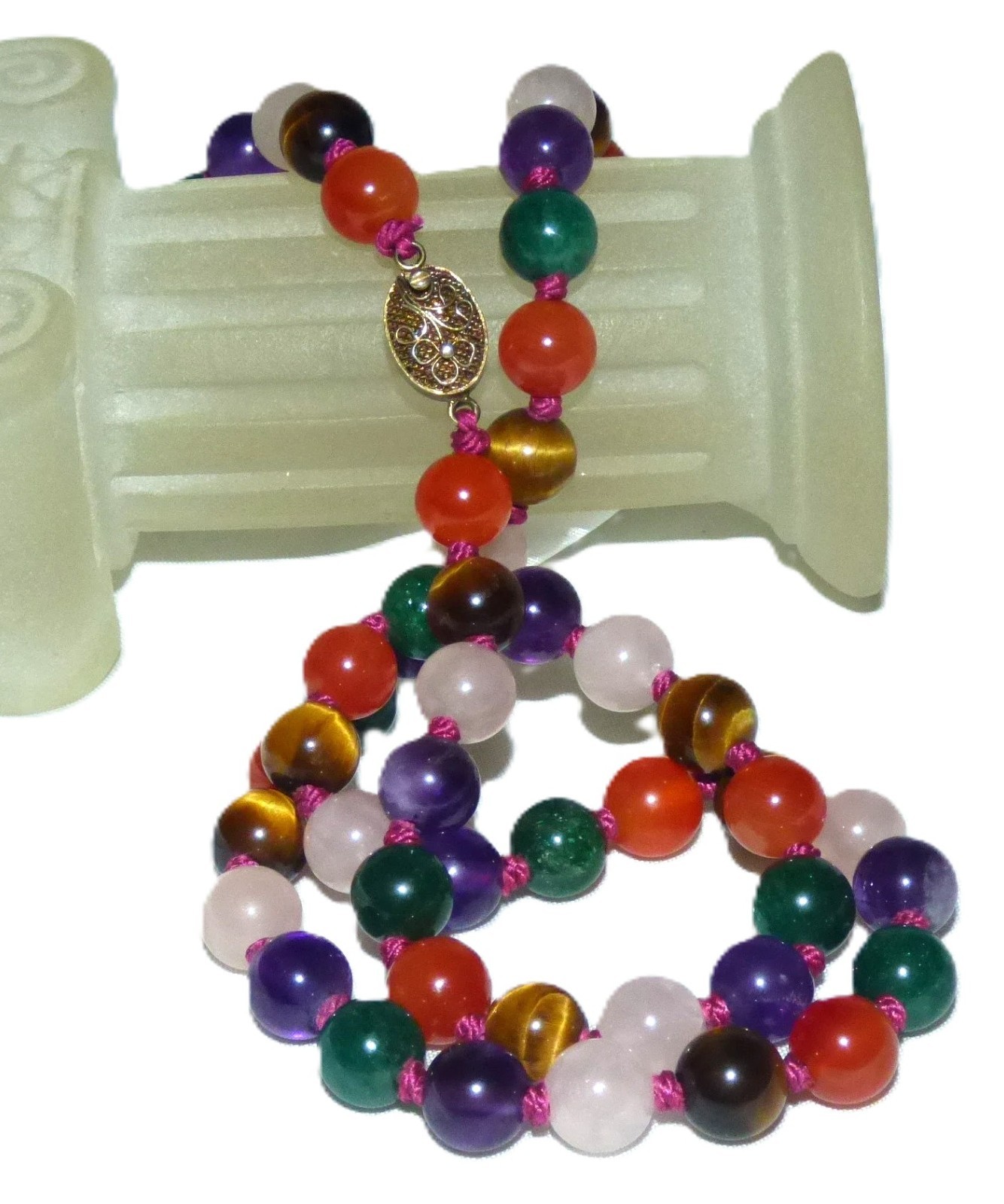 1960s Multi Colour Gemstone Hand knotted Gold Vermeil Silver Clasp Necklace