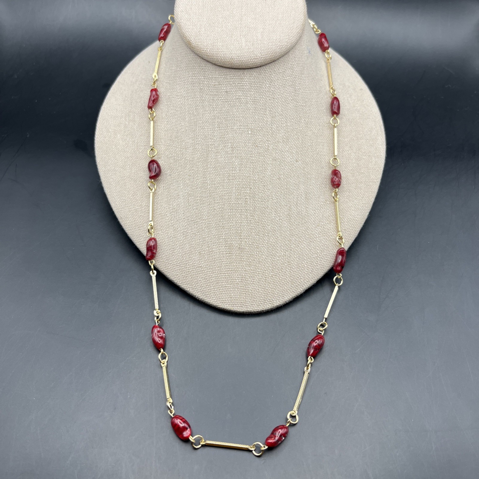 Long Art Glass Station Necklace Bar Link Red Gold Tone 26 Inch Classic Vintage