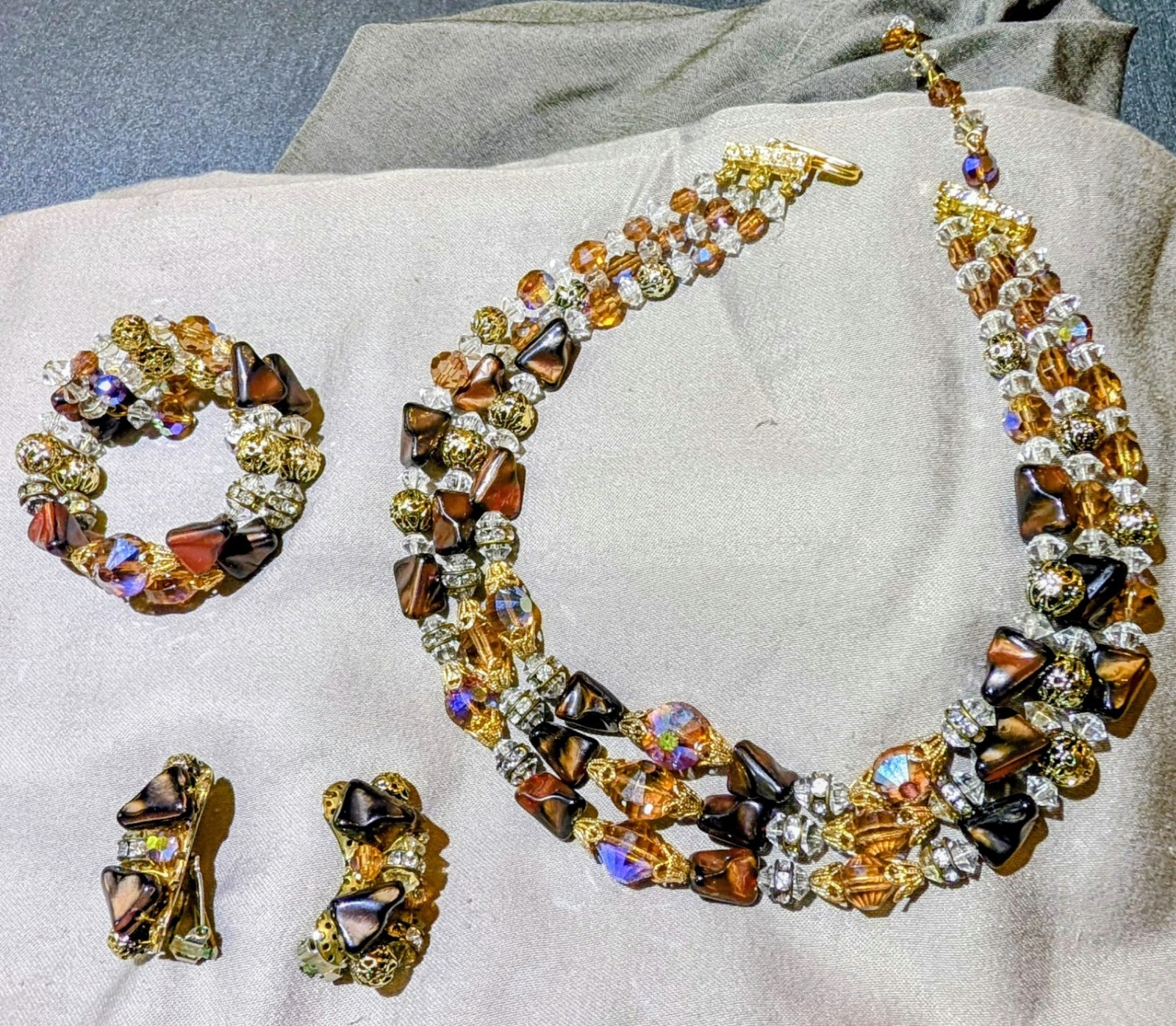 Vintage Coro 3-Piece Parure Set Smoky Topaz AB Crystal Multi-Strand Choker Wrap