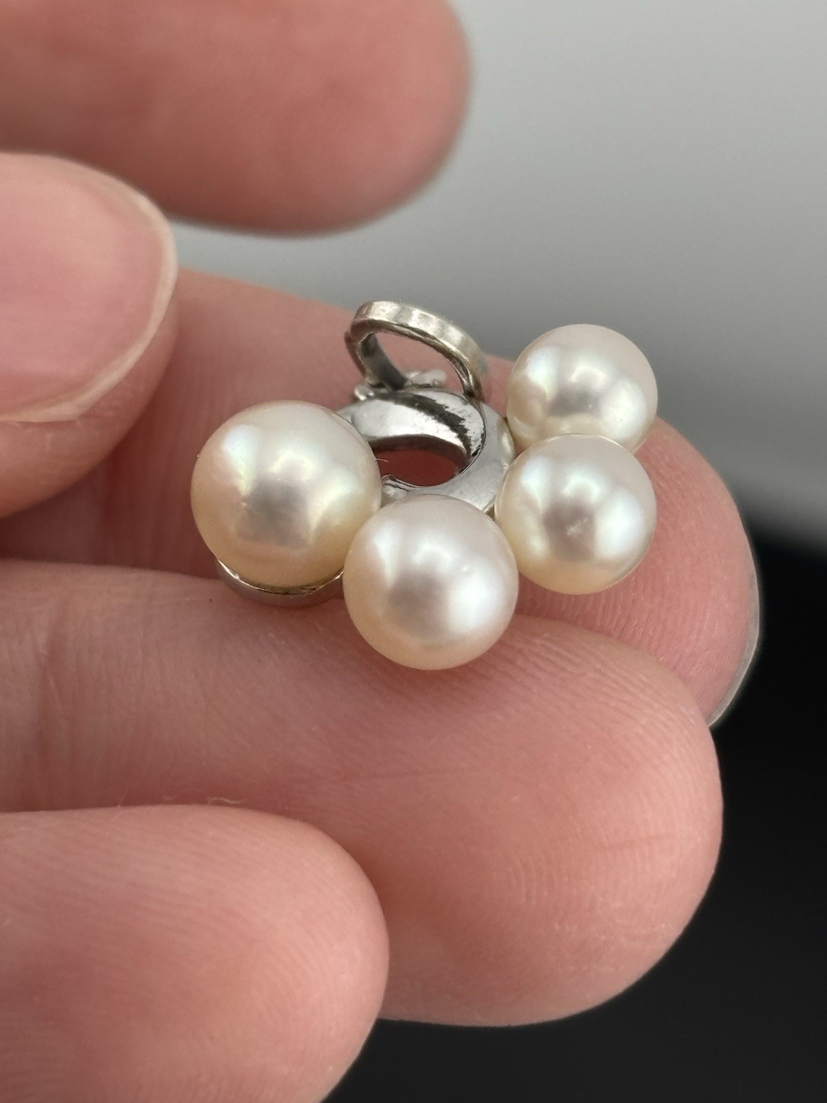 Vintage Sterling Silver Mikimoto Akoya Pearl Pendant 4 Pearls Swirl Charm .75″