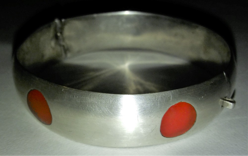 Vintage Mexican Silver Bracelet Taxco Red Polka Dot Bangle Frida Style Era Antiq