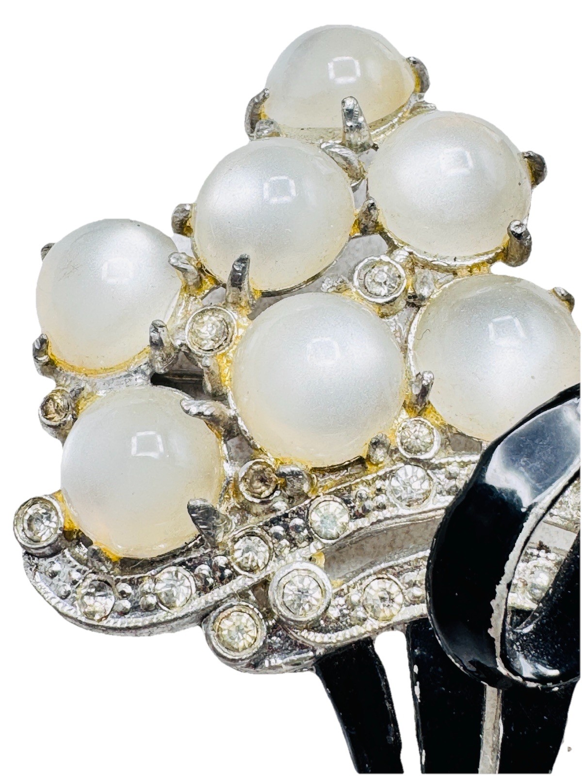 Vintage Coro? Moonglow Cabochon Basket Brooch w/Bow Rhinestones