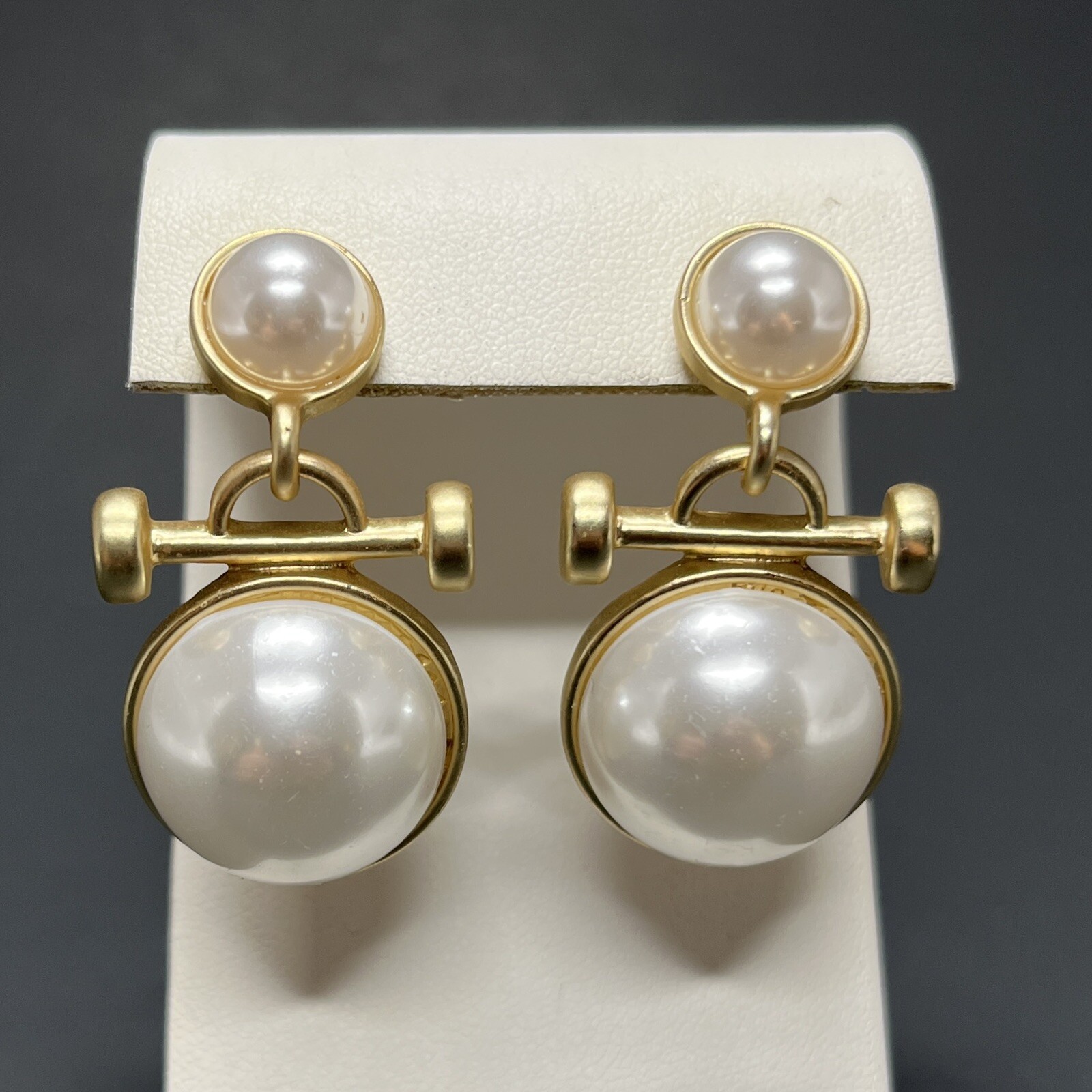 Byzantine Faux Pearl Cabochon Earrings Green Gold Tone Pierced Etruscan Revival