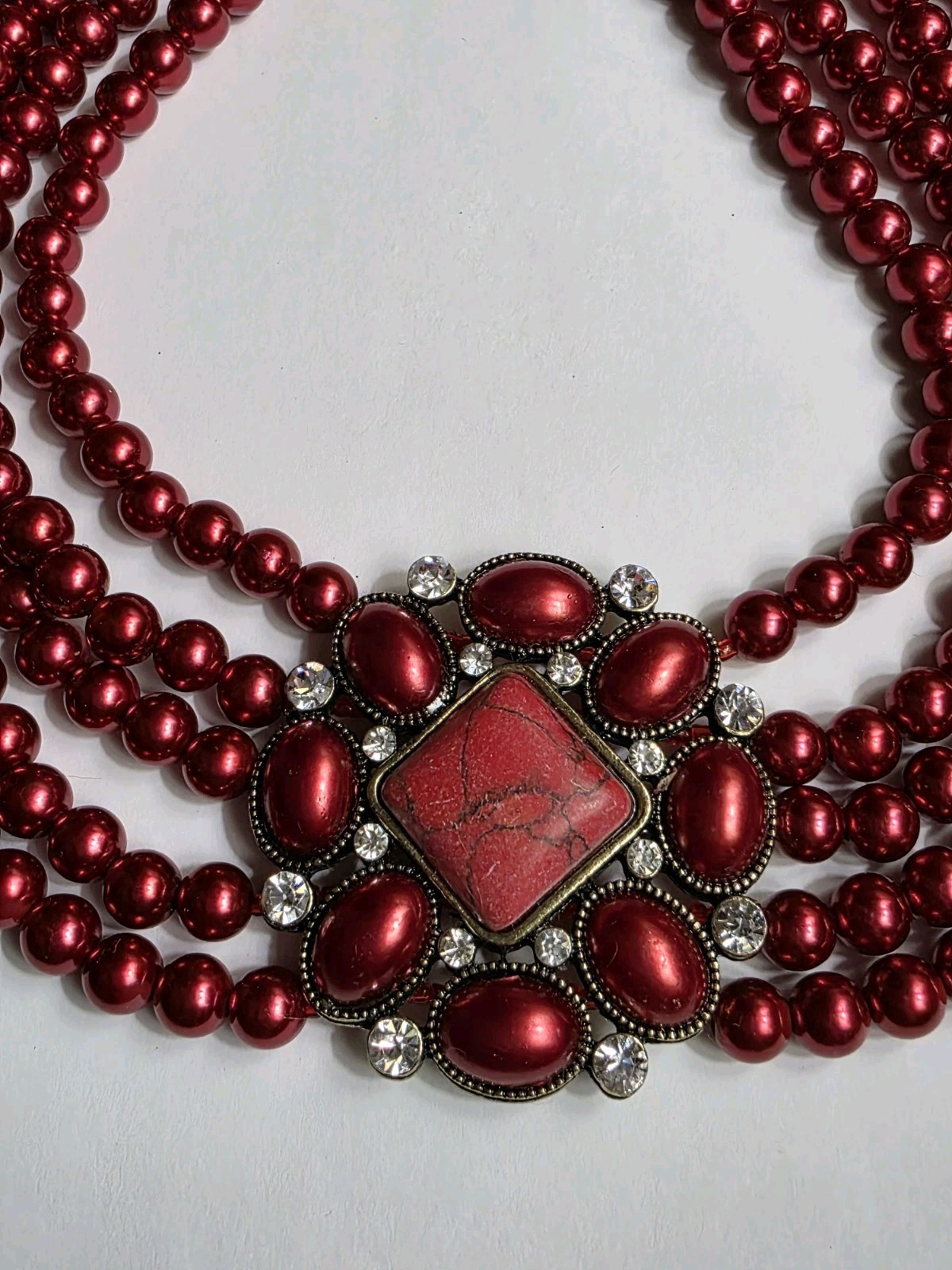 5 Strand Red Beaded Statement Necklace W/ Rhinestone Accent Adjustable