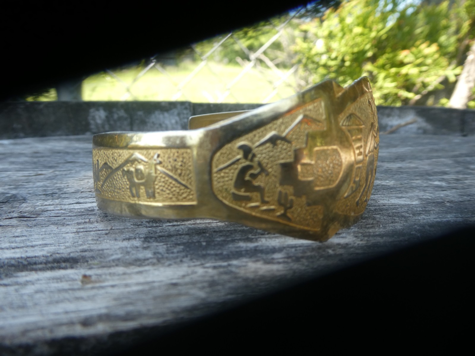 Inca Revival Brass Cuff Bracelet Gold tone Vintage