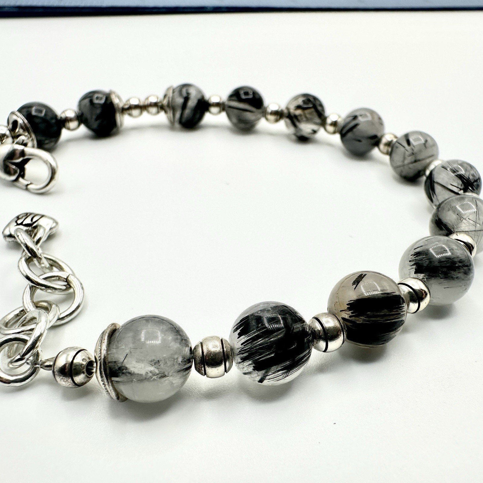 Vintage BRIGHTON Black Rutilated Quartz Beaded Bracelet Gray Marbled Silver Tone