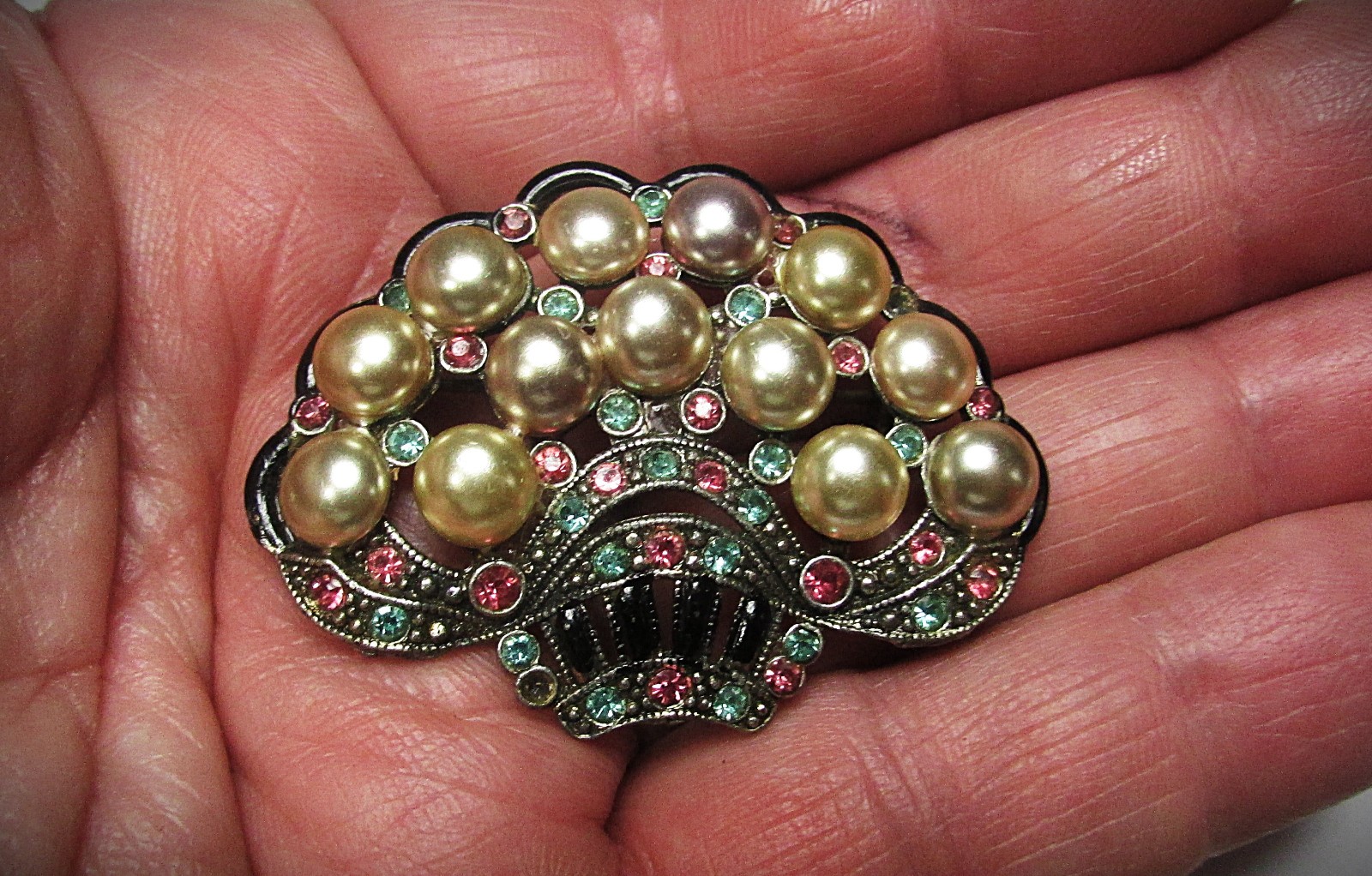 Art Deco New England Glassworks Basket Of Pearls, Enamel, Rhinestone Pin Brooch