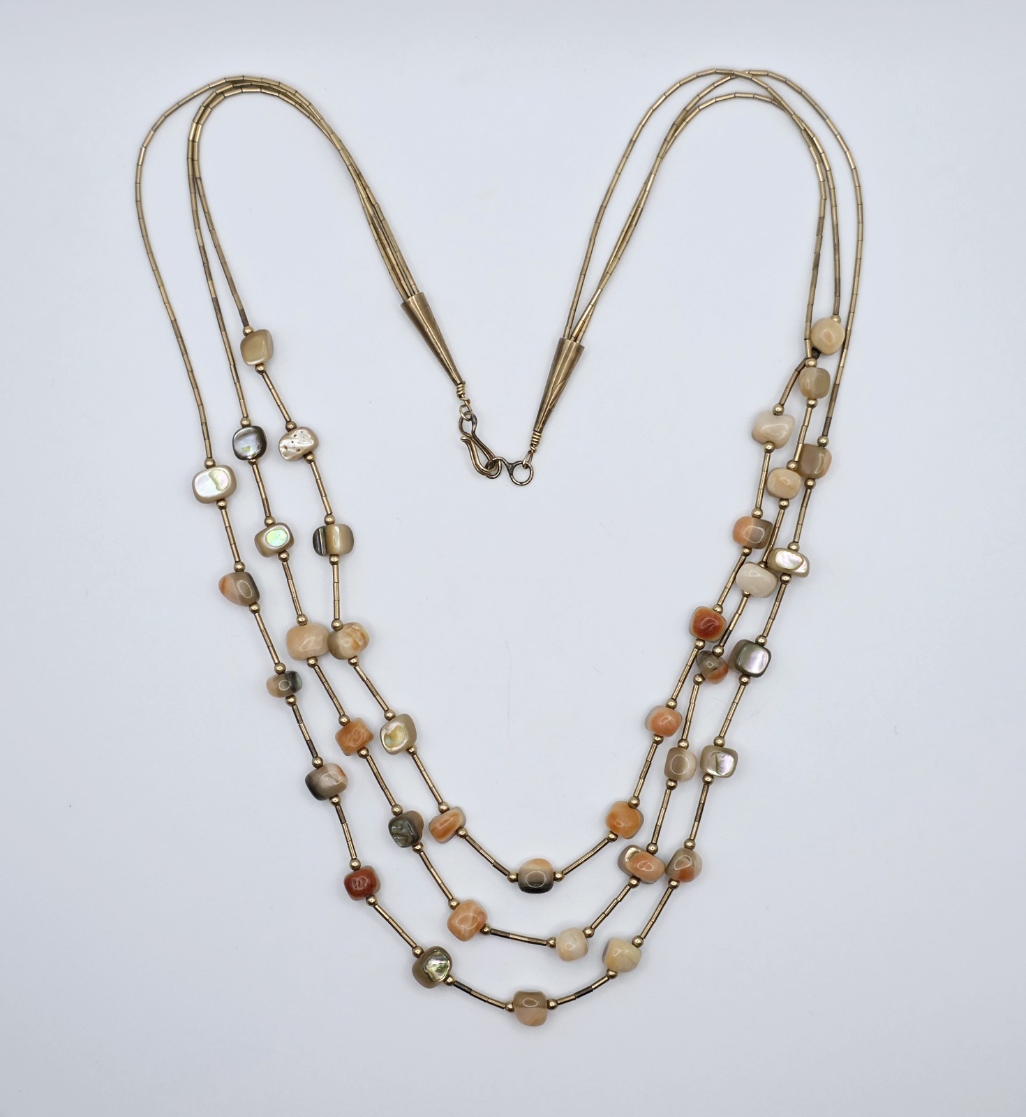 Vintage 3 Strand Liquid Gold Tone Necklace Abalone Mother of Pearl Agate Hook