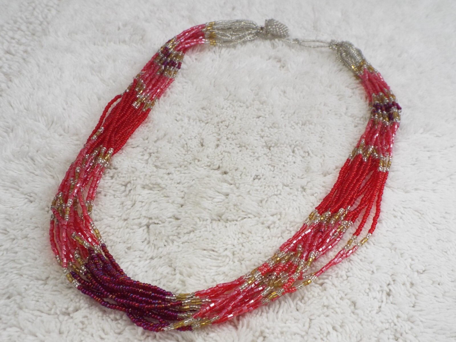 Fuchsia Red Pink Glass Bead Multi Strand Necklace (J2)