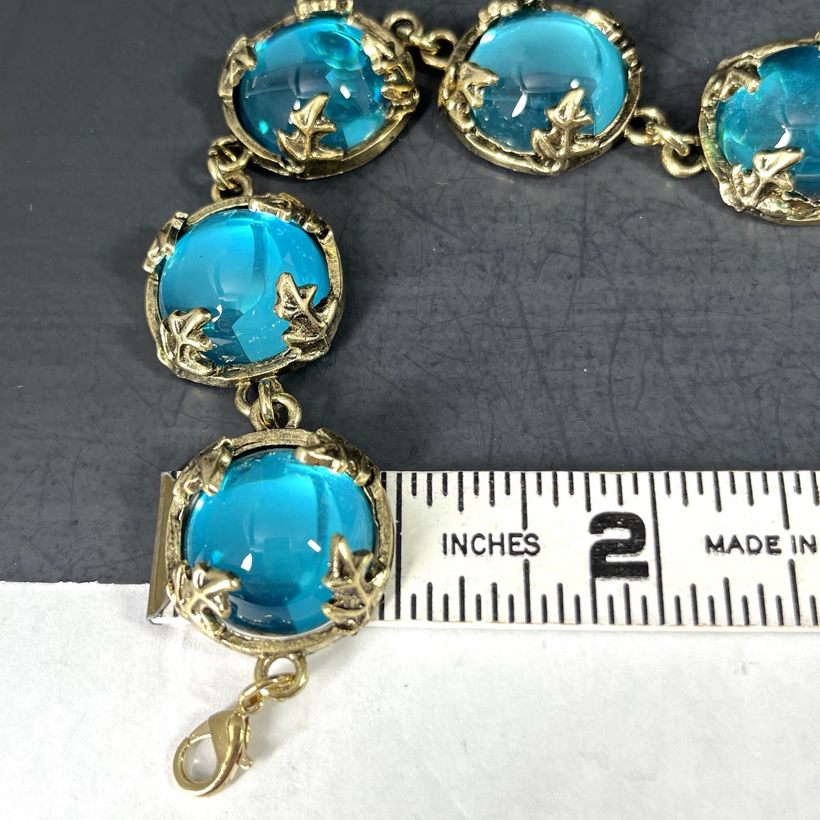 Turquoise Gripoix Glass Cabochon Bracelet Gold Tone Bezel Wide Chunky Statement