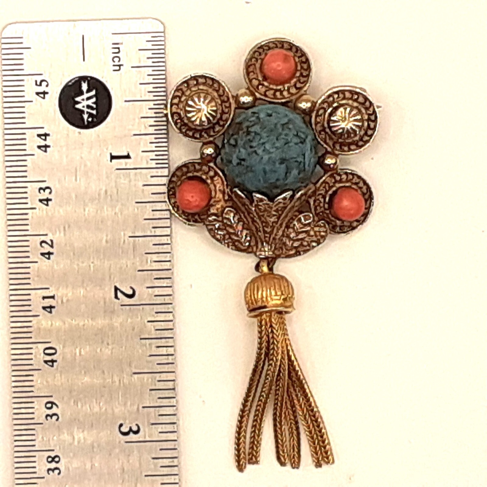 Vntg Boho Style Brooch Faux Turquoise & Coral
