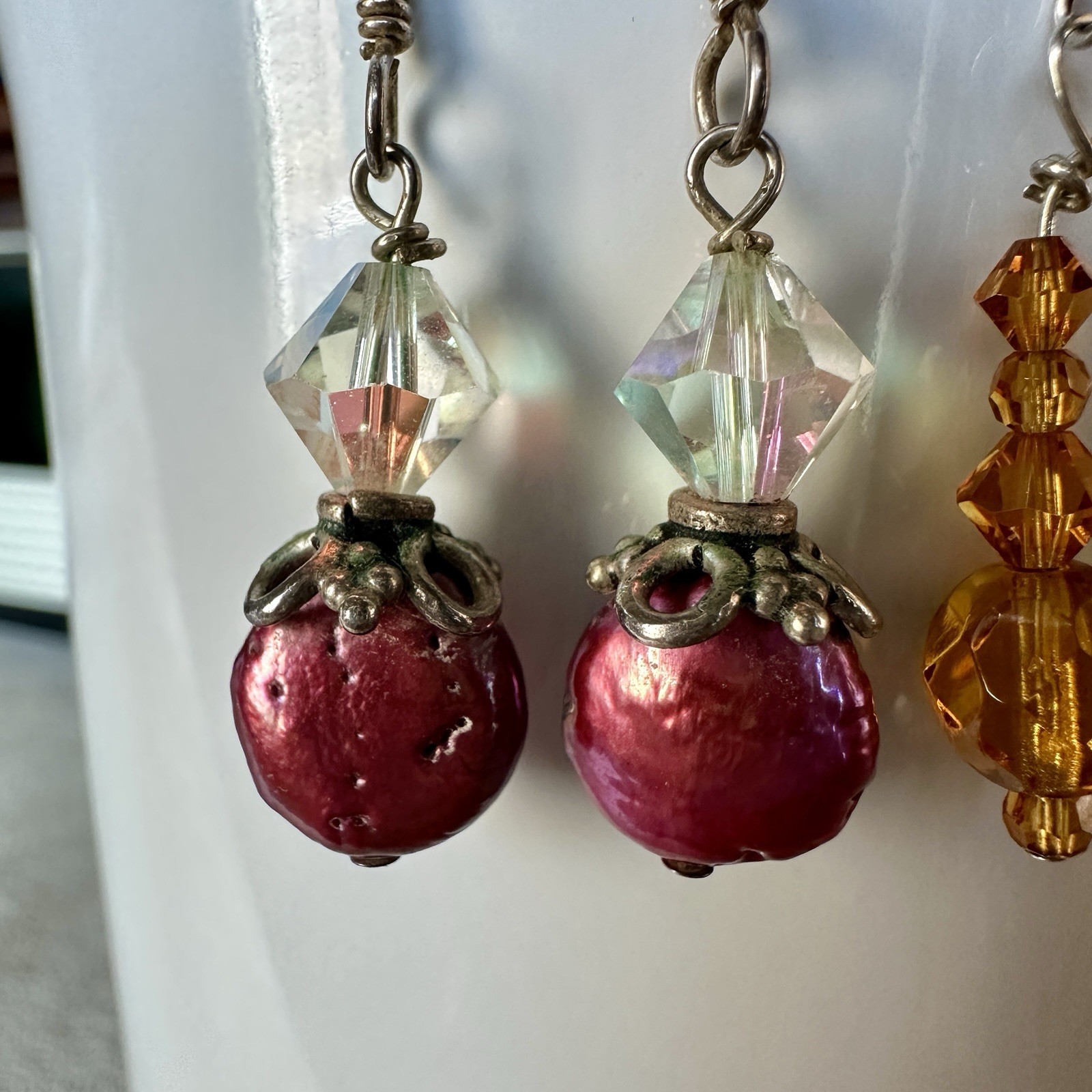 VTG 2 Pairs Dangle Drop Earrings Crystal Shell Acrylic Beads 925 Sterling Silver