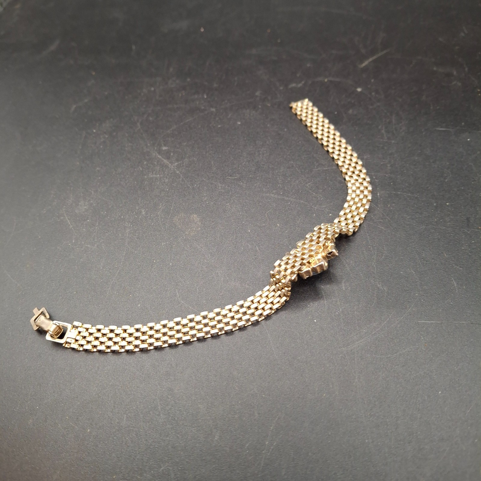 Vintage Gold Tone Mesh Bracelet Blue Moonstone Faux Cabochon Repair As Is Retro