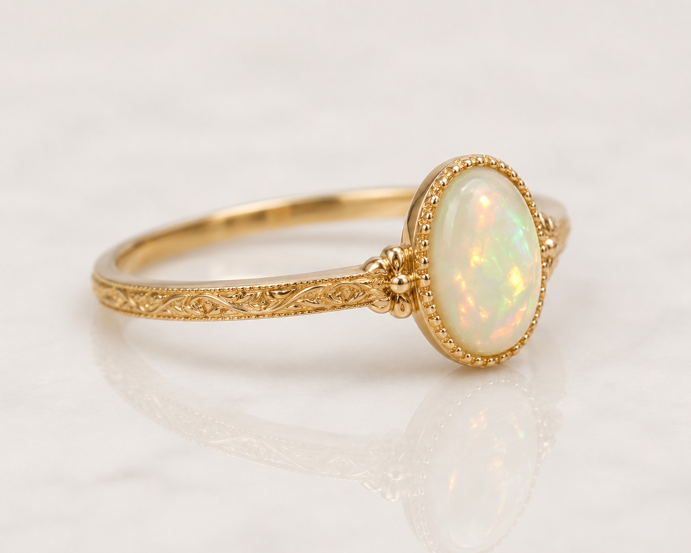 Vintage Engraved Thin Band • Ethiopian White Opal • Elegant Everyday Ring