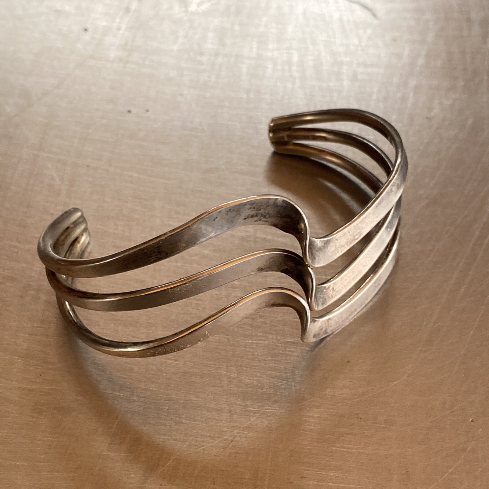 Sterling Silver Mid Century Modern Tri-Twist Cuff Bracelet