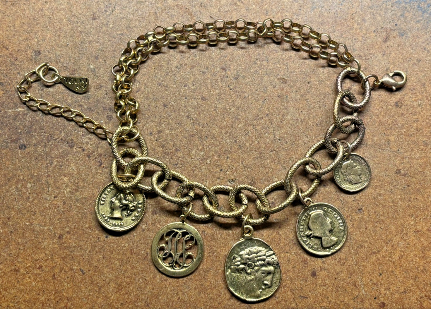 Vintage YOCHI NY Multi Chain Link GREEN ROMAN BRITISH SWISS GOLD COIN Bracelet