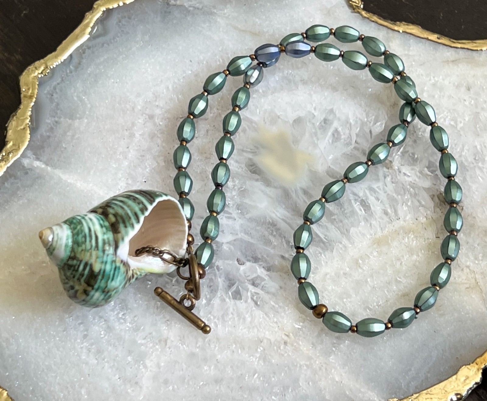 Artisan Necklace Sea Green Turbo Shell Seashell Pendant Pearly Green Beads