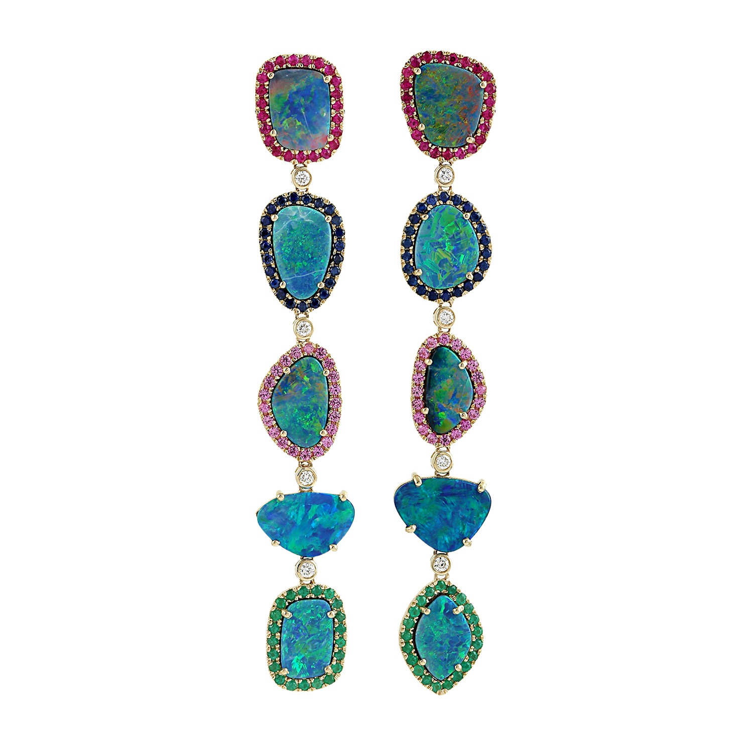 14K Gold Multi Gemstone Opal Drop Dangle Earrings Diamond Ruby Sapphire Emerald