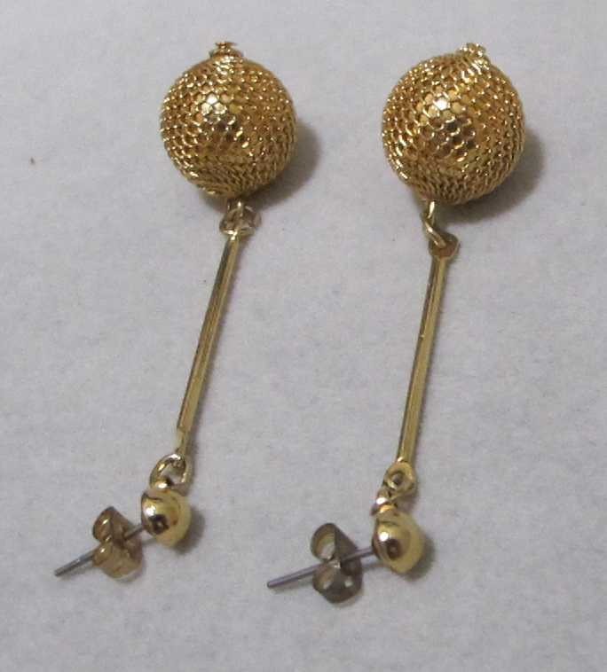 FISHNET Mesh Covered Gold Tone Bead Vertical Bar Dangle Post Earrings 2-3/8”