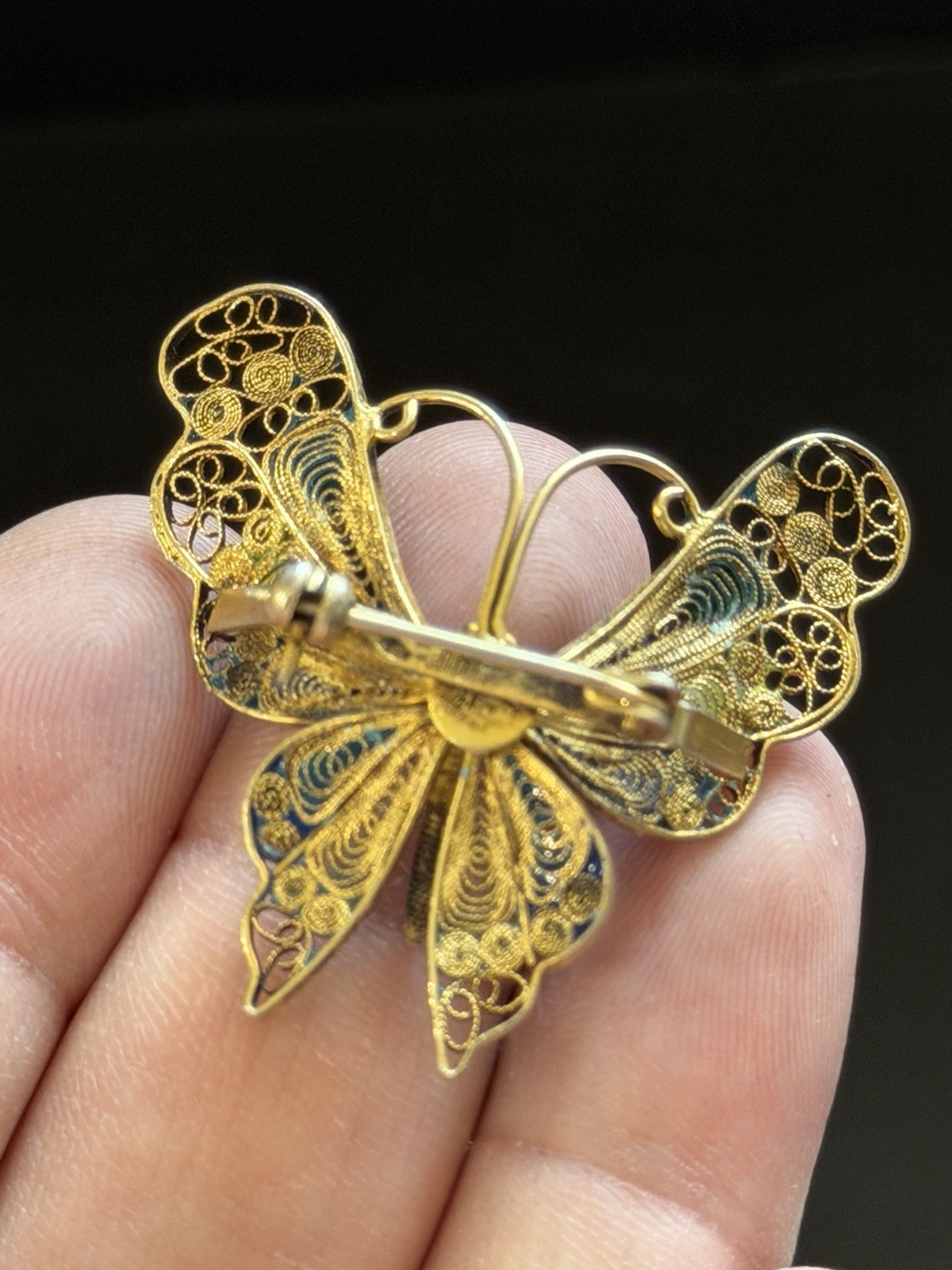 Vintage 800 FIne Silver Gold FInish Multi-Color Enamel Filigree Butterfly Brooch