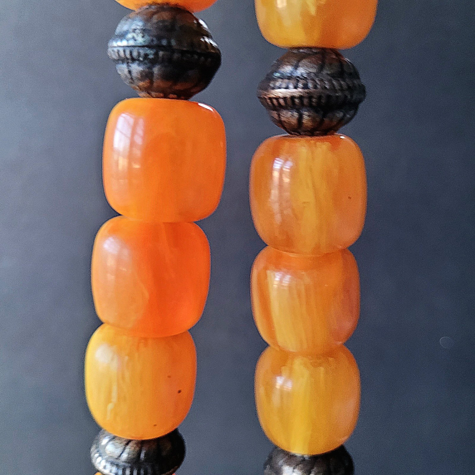 Vtg Pressed Amber Resin ? Prayer Beads Necklace Silverplate Pendant Moroccan