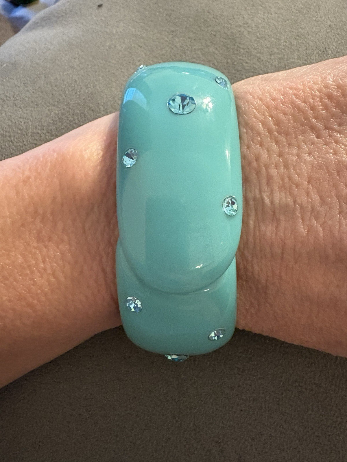 Vintage Light Teal And Rhinestone Lucite Clamper Bangle Cuff Bracelet