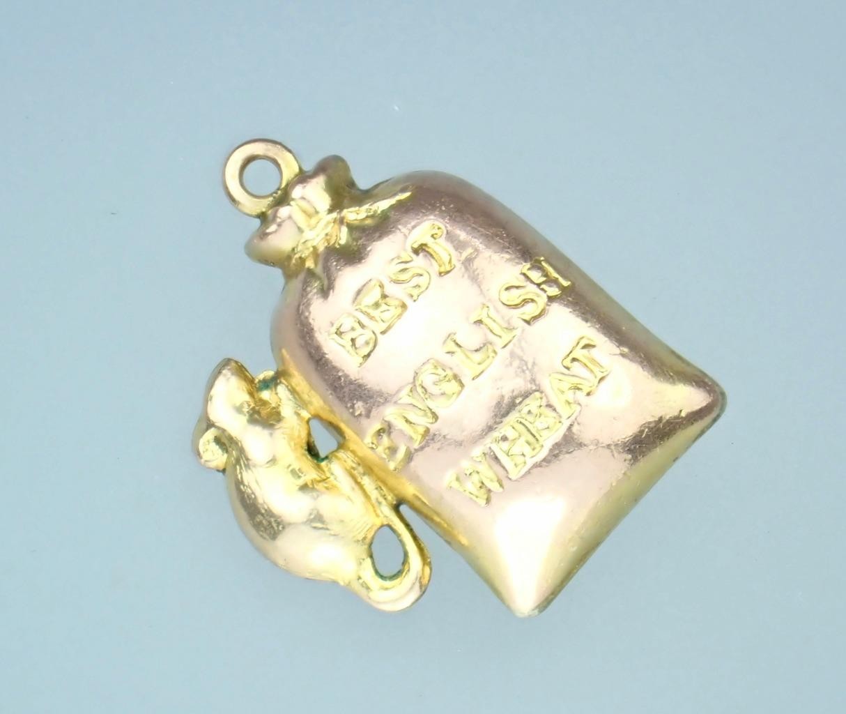 Fun! Antique Victorian Solid 9K Rose Gold Mouse Sack Of Wheat 3D Charm Pendant