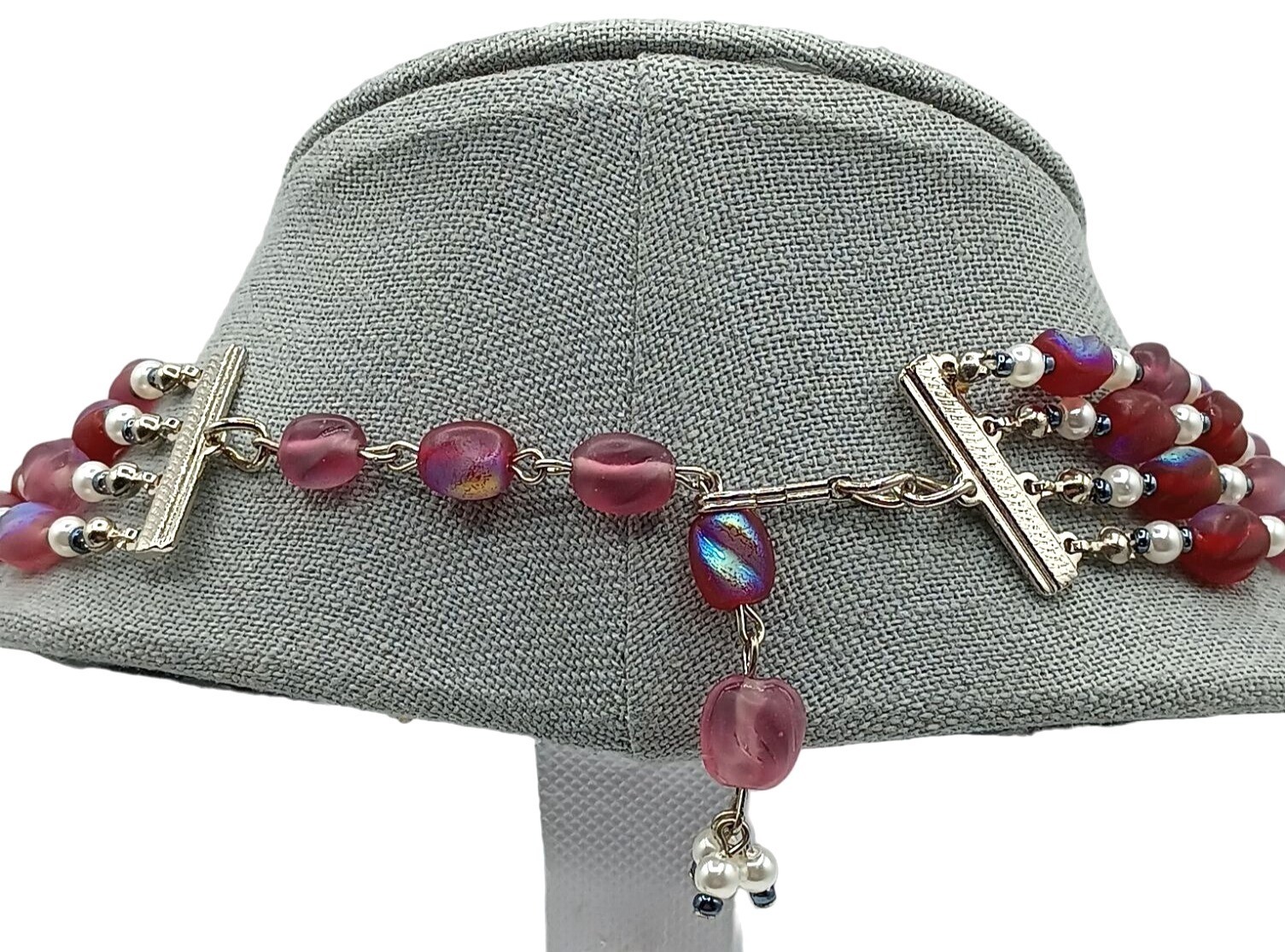 Vintage Glass Beaded Iridescent Necklace Pink Red Purple Four Strand Costume Jew