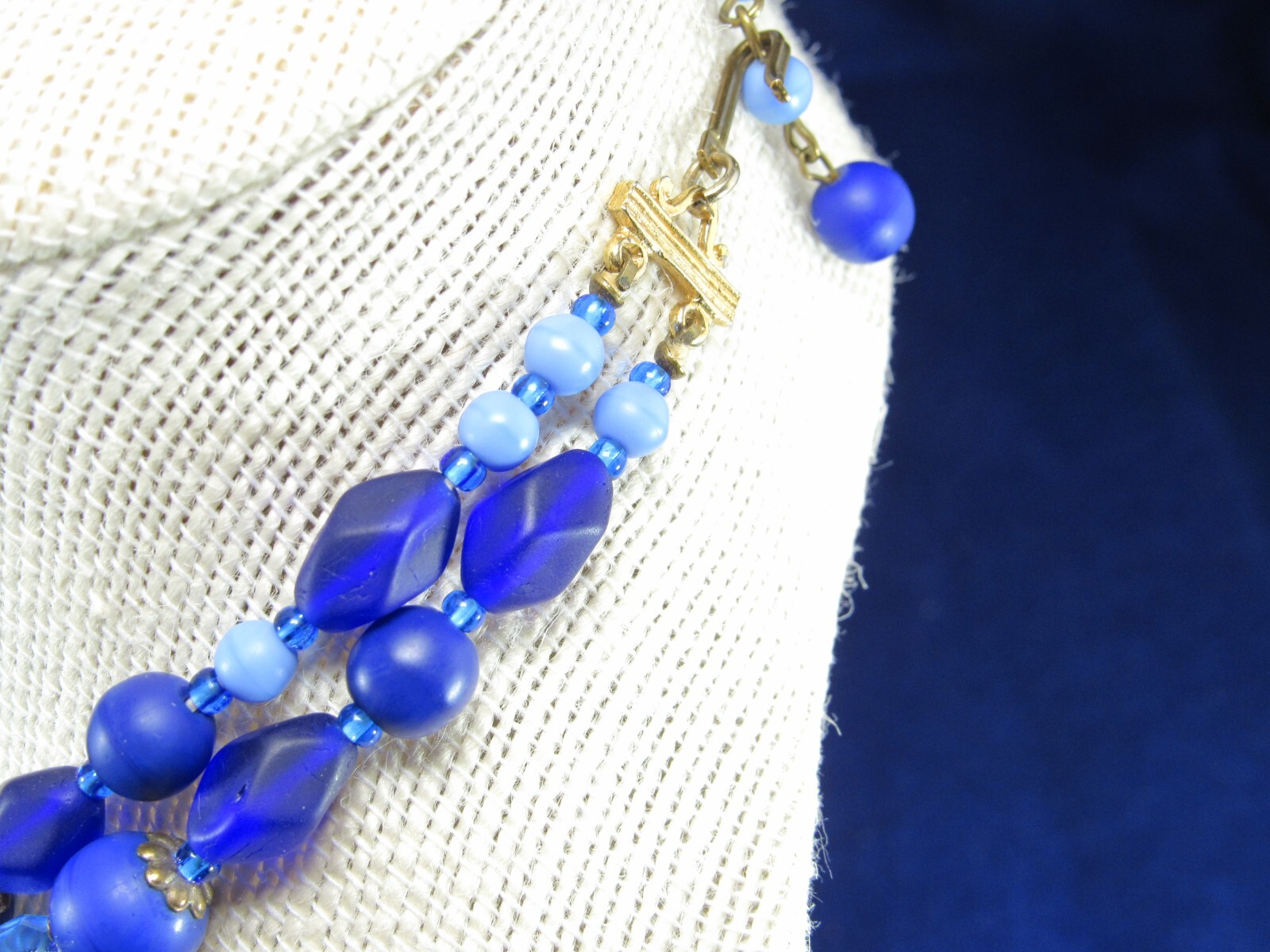 Vintage Blue and Purple 2 Strand Art Glass Bead Necklace with Sea Glass Finish.