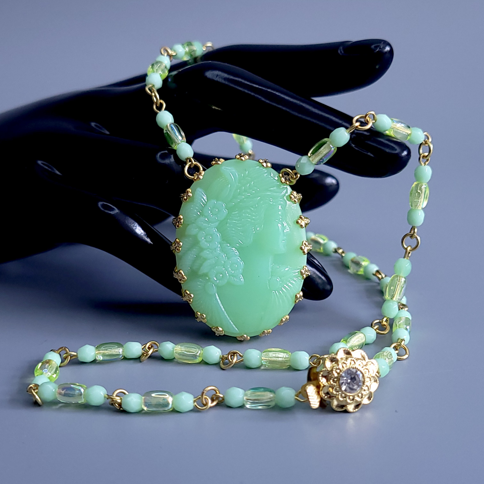Uranium Glass Necklace 21” Cameo Pendant Vaseline Green Czech Beads