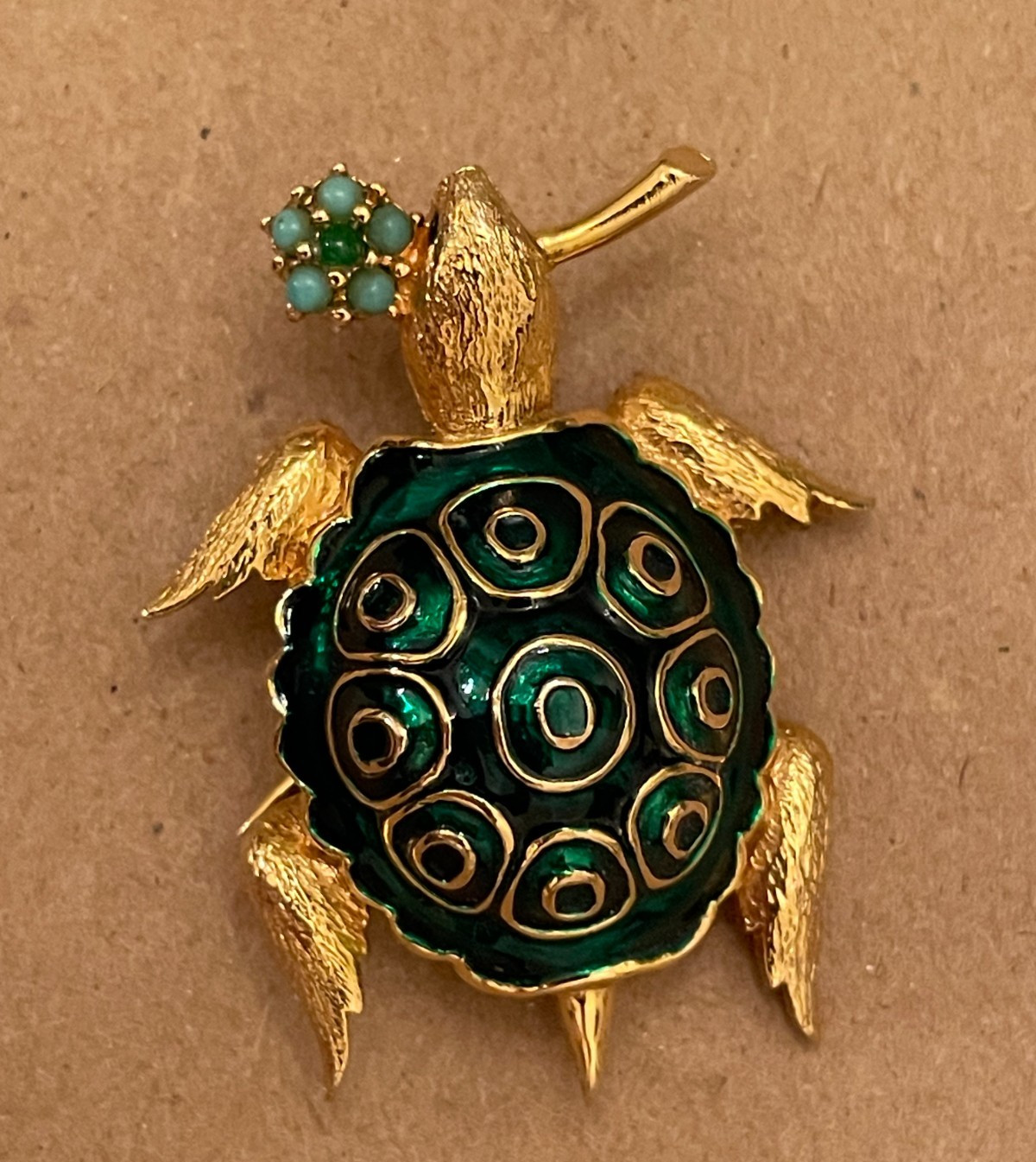 Vintage Jomaz Green Enamel Figural Turtle Brooch, Excellent Condition, signed