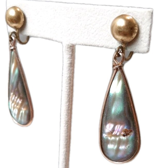VTG Dangle Drop Abalone Shell Inlay Teardrop Earrings Goldtone Screw Back 2″L