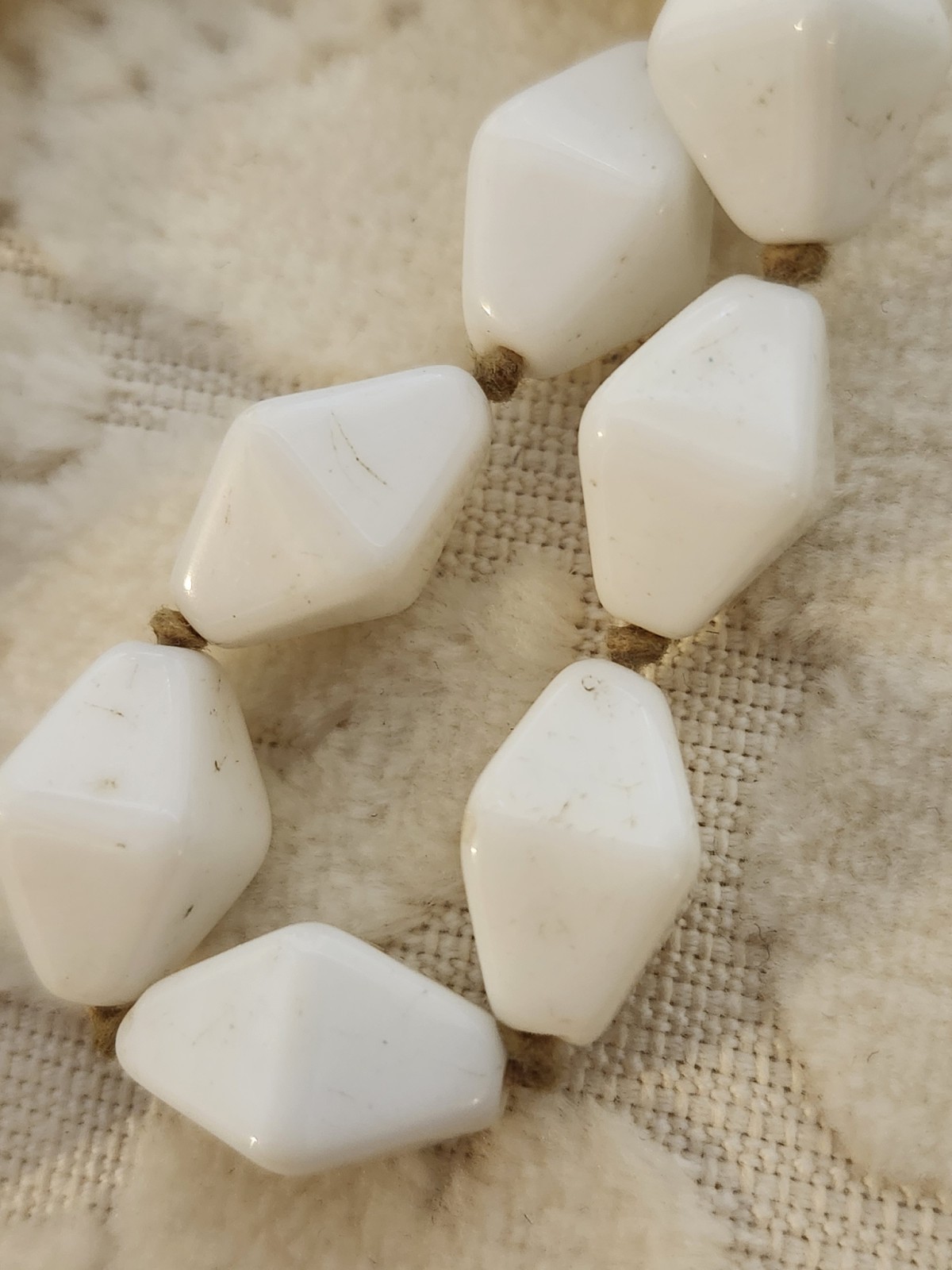 Vintage necklace, white tone, milk glass bicone beads 16″