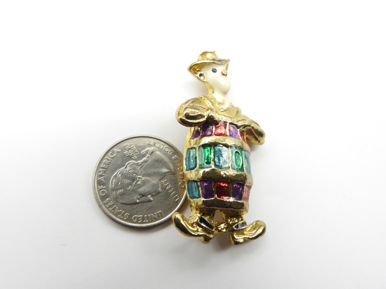 Purple Red Blue Green Cream Enamel Gold Tone Rodeo Clown Barrel Brooch Vintage