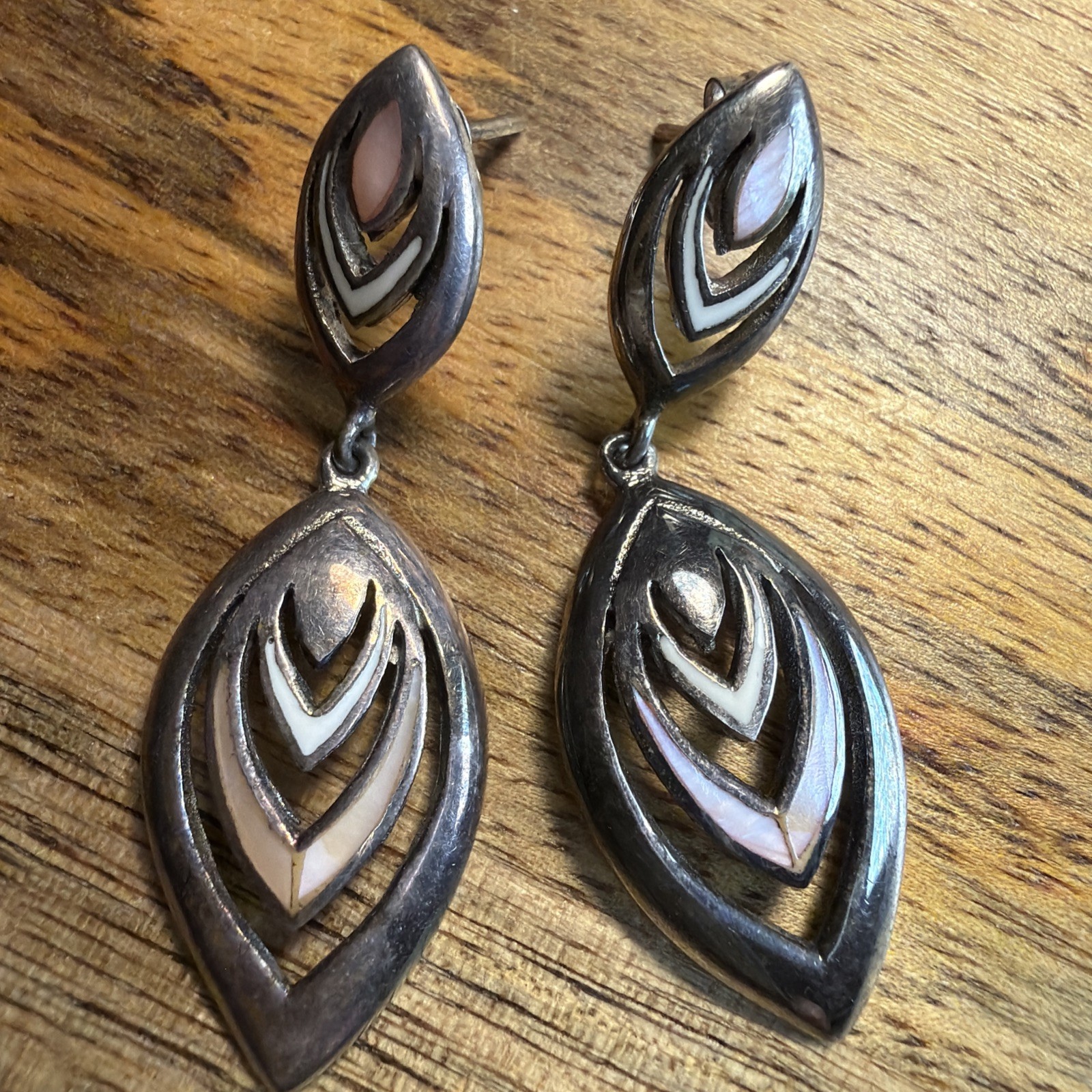 Sterling Silver 925 Abalone Inlay Stud Post Dangle Drop Earrings 1980s VTG Gift
