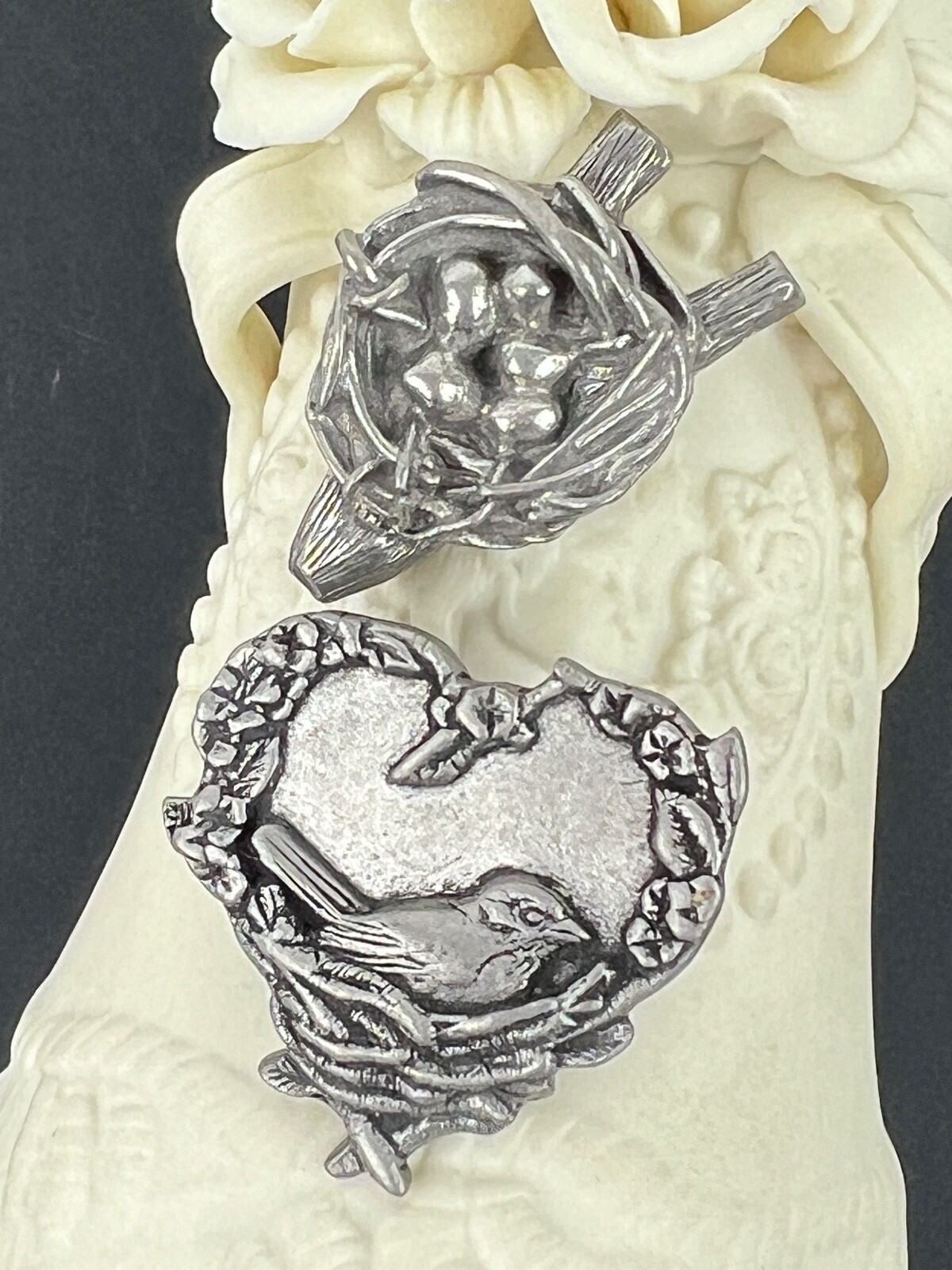 Vintage Lot of 2 Pewter BIRDS AND BLOOMS 2004 and CLIFT Birds Nest Pin Brooch