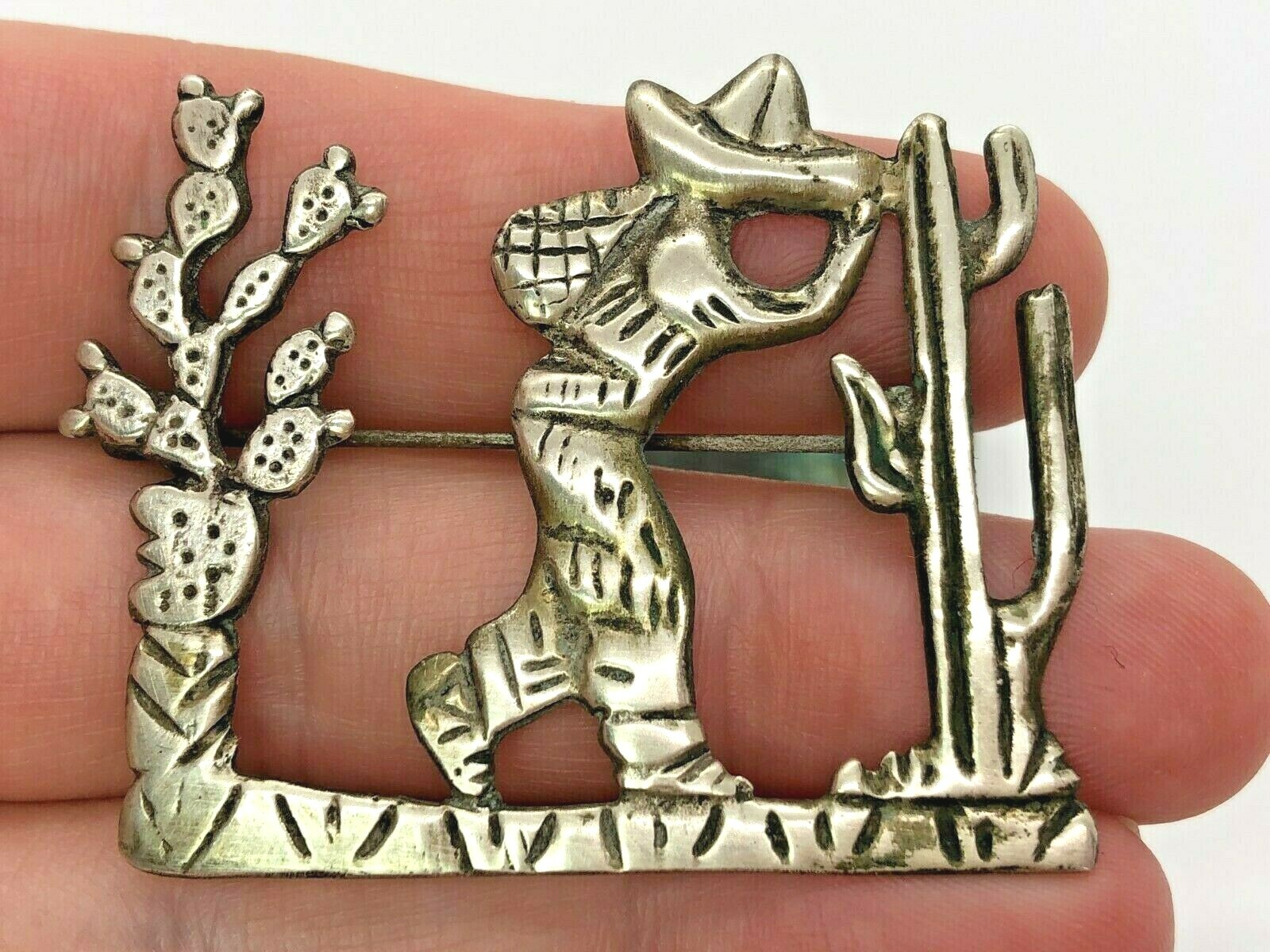 Mexico Vintage 800 Silver Person Walking with Cactus Brooch Pin 9 Grams