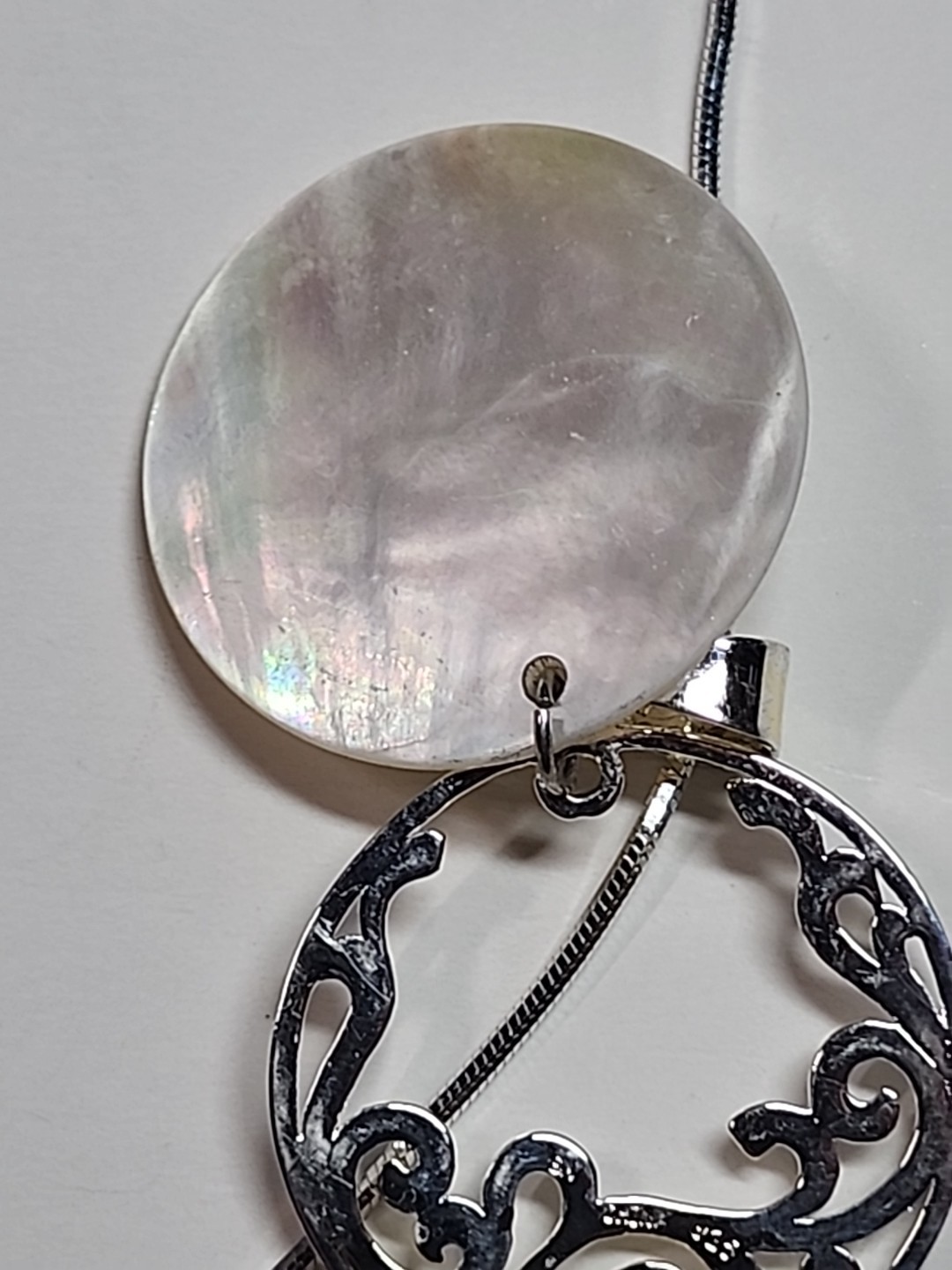 SX 925 Silver Sally C HSN Open Scroll Work MOP Medallion Pendant 16″ Necklace