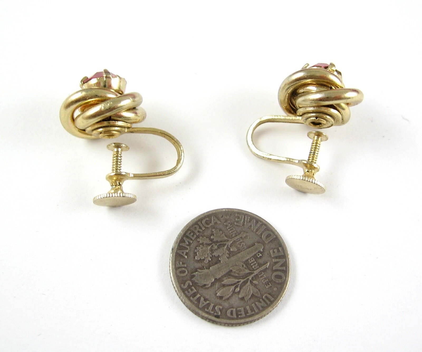 CORO Pink Rhinestone Vintage Screw Back EARRINGS Love Knot Goldtone 1/2″