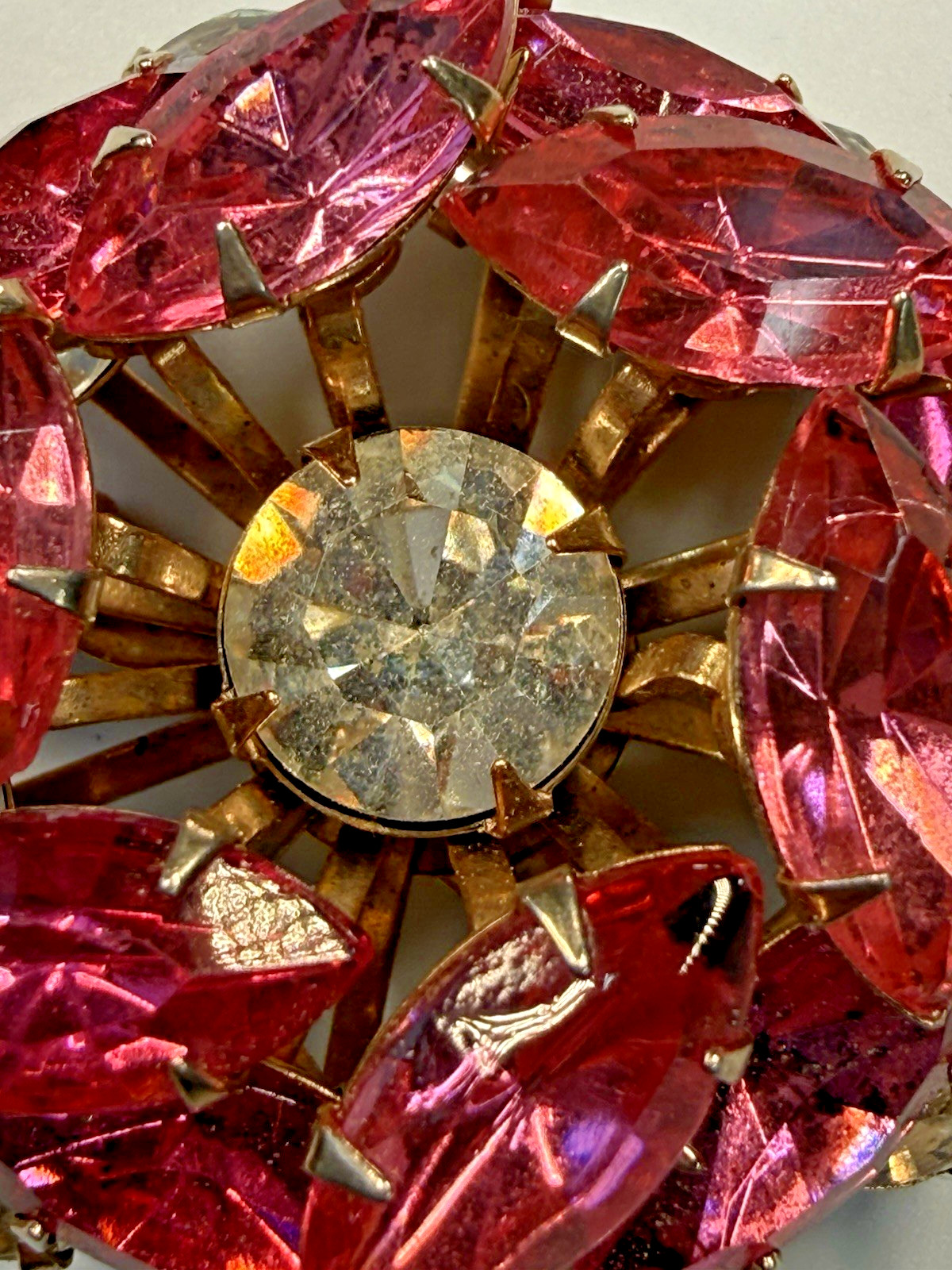 Vintage Pink Navette Rhinestone Domed Brooch Mid Century Gold Tone