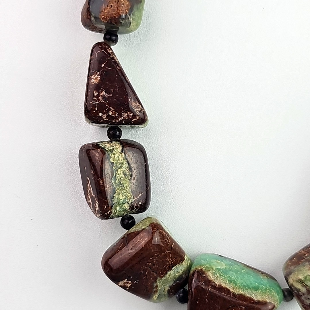 Vintage Green Brown Gemstone Nugget Necklace Chunky Statement 16 Inch