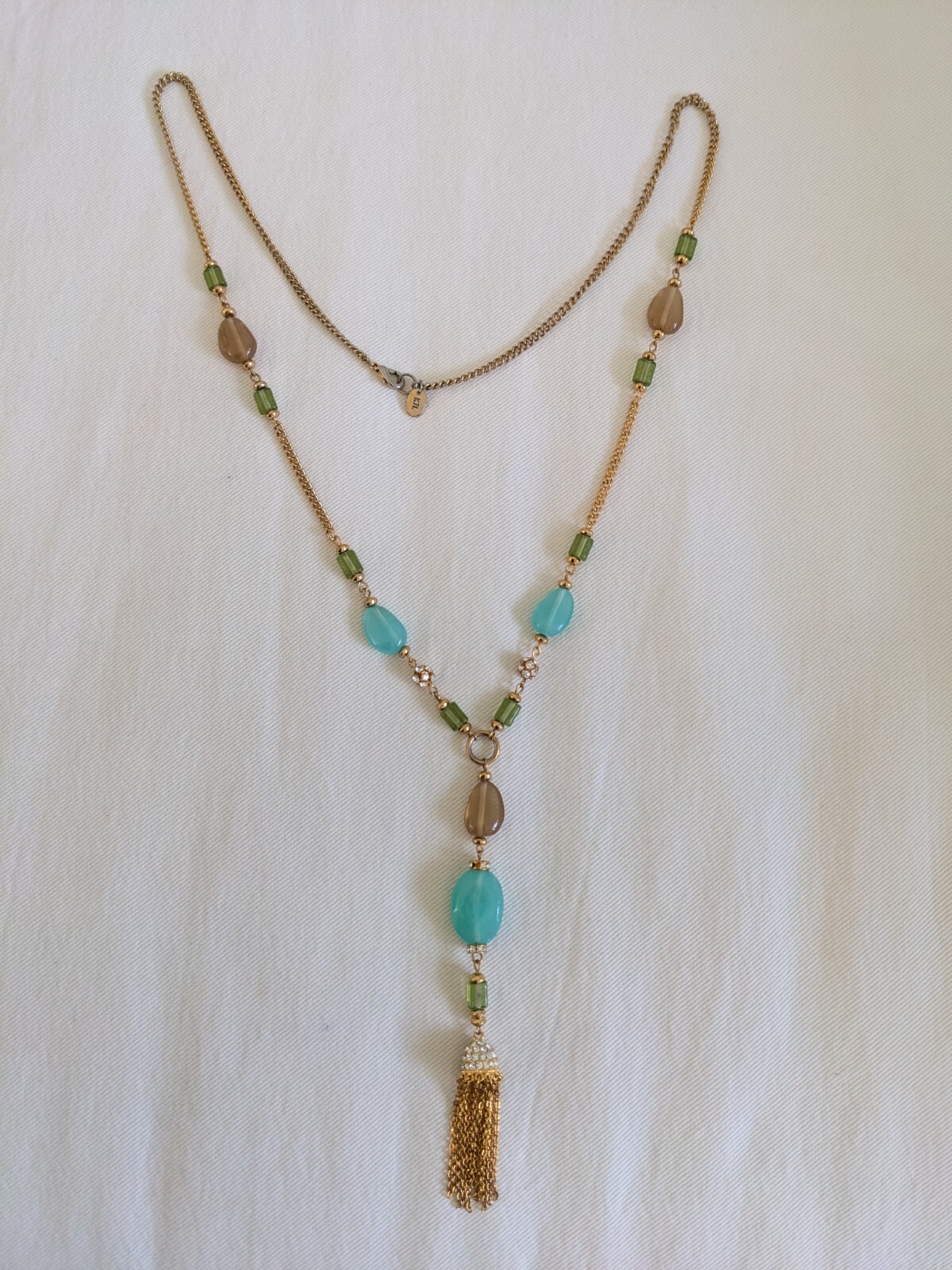 Kenneth Jay Lane Signed KJL Lucite Rhinestone Gold Tone Y-Necklace with Tassel