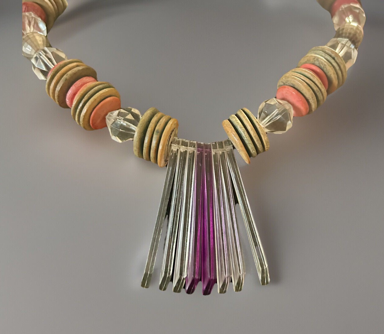 Vintage Translucent Lucite And Wood Necklace Unique Style 16” GB-1