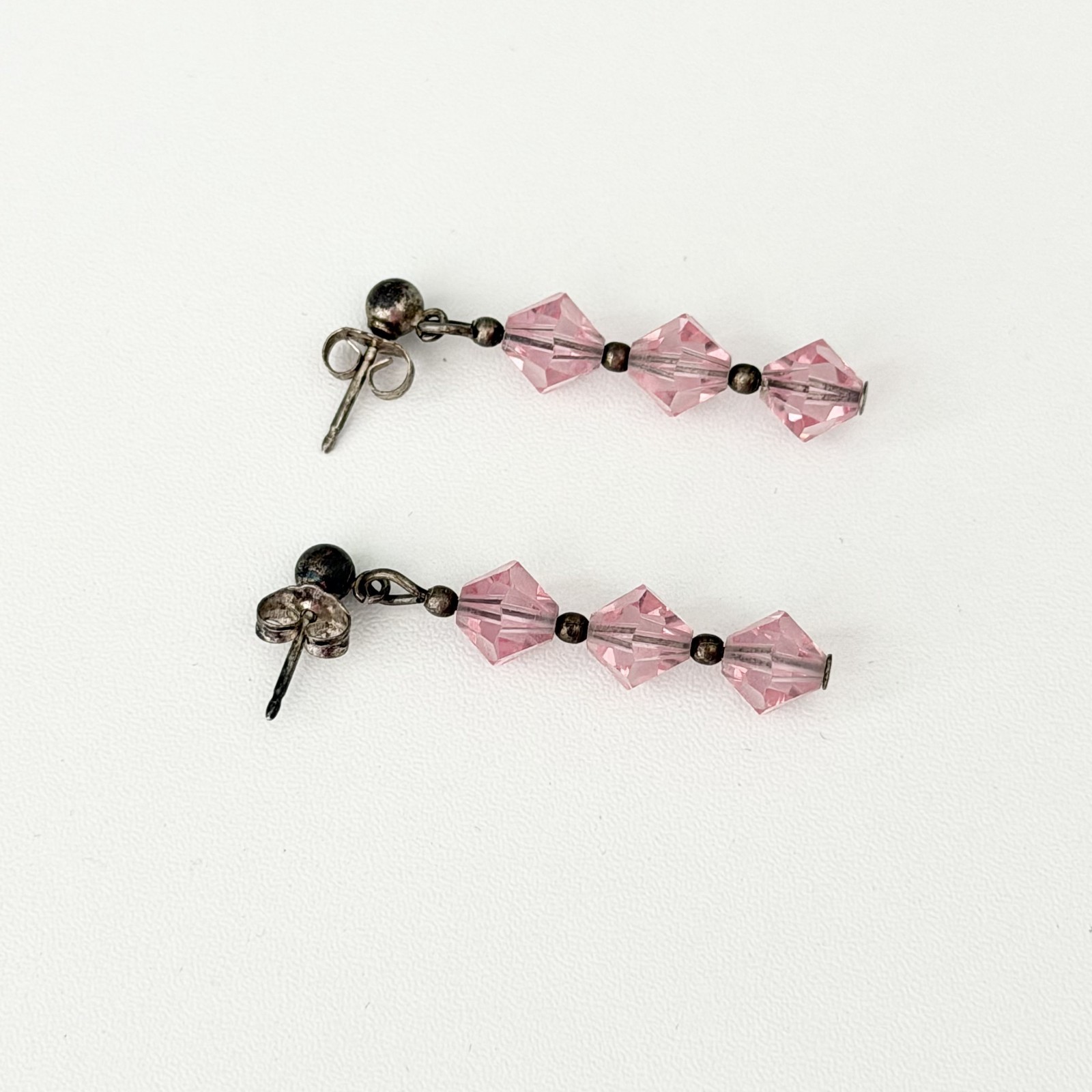 Vintage 925 Sterling Silver Pink Crystal 3 Stone Dangle Earrings